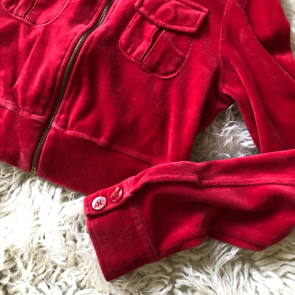 Real fur collar red velvet short jacket - Picture 4 of 5
